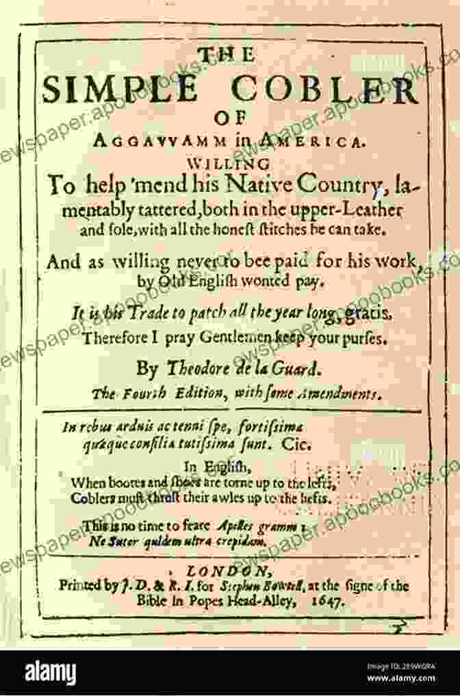 The Simple Cobler Of Aggawam In America, Written By Nathaniel Ward And Published In 1647. The Book Is Bound In Leather And Features A Handwritten Title On The Cover. The Simple Cobler Of Aggawam In America